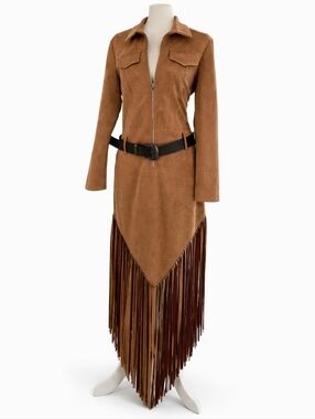 Oyrosy Western Fringe Belted Dress Tan Size L Boho Cowgirl